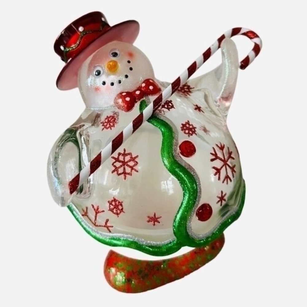 Vintage Penguin Snowman Christmas Candy Jar Glitter Frosted 8.5" Holiday Decor